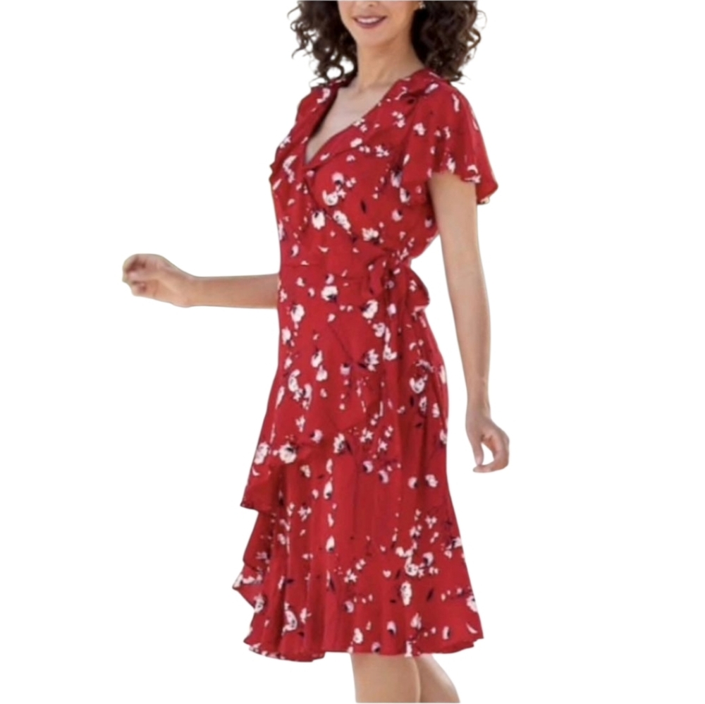 Monroe & Main Red & White Floral Wrap High Low Dress Womens Plus Size 3X